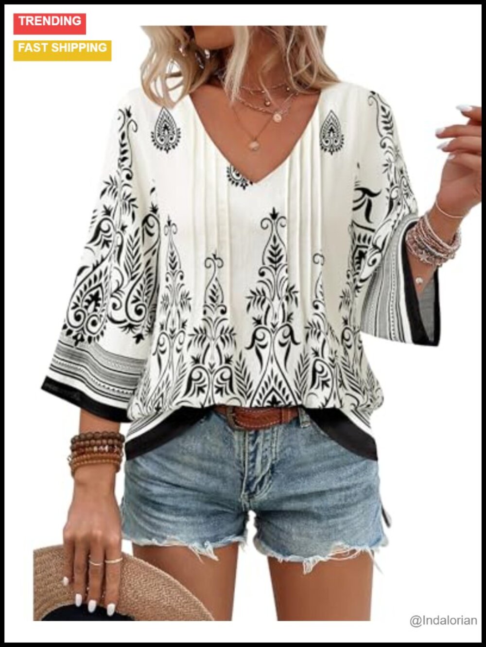 Womens V Neck 3/4 Sleeve Bohemian Floral Loose Fit Tunic Blouse